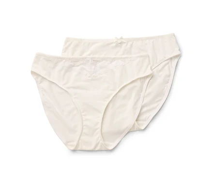 Deux culottes classiques couleur crème pour femmes avec dentelle et noeud.