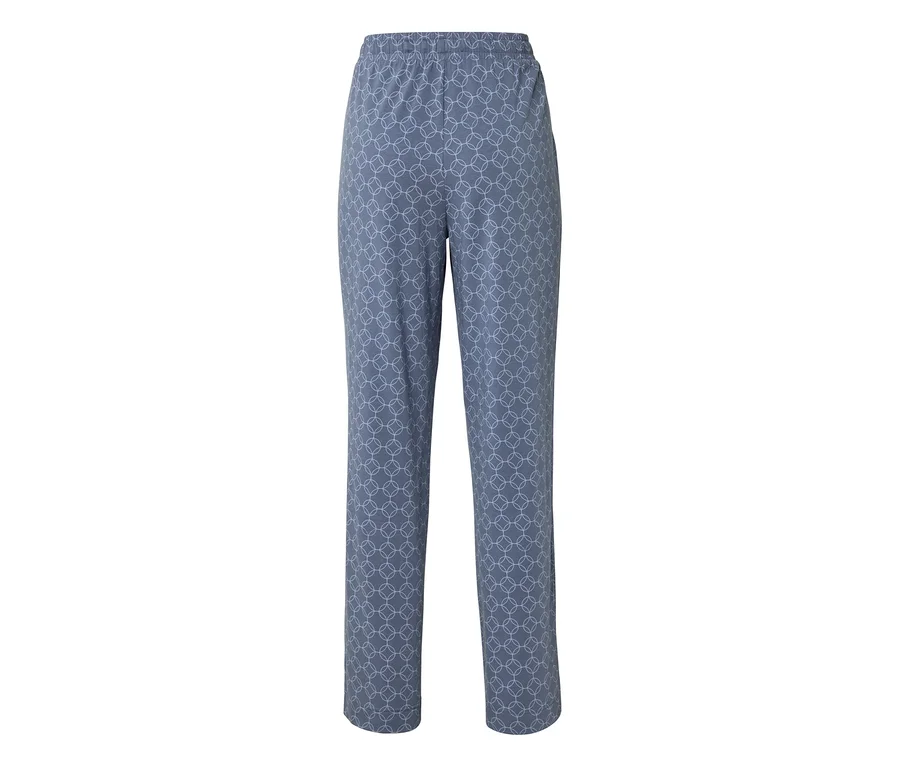 Pantalon bleu avec taille élastique et motif géométrique.