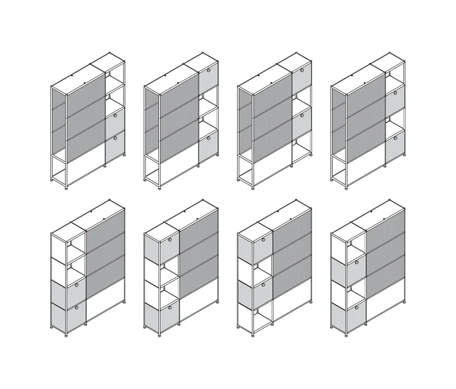 Huit armoires métalliques modulaires « CN3 Slim Line » avec deux compartiments à abattants gris et des étagères ouvertes, présentées dans diverses configurations.