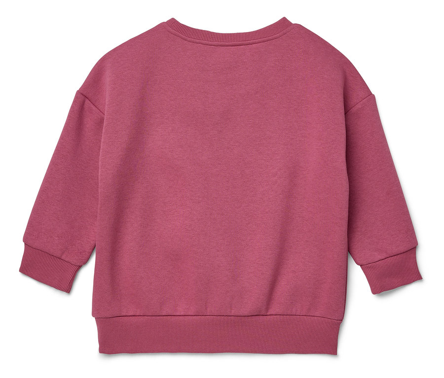 Un sweat-shirt rose à manches longues posé sur un fond blanc.