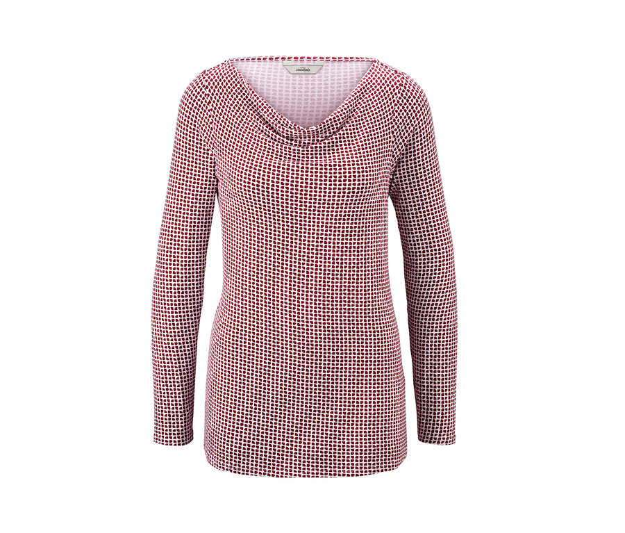 T-shirt à manches longues rouge et blanc à motif avec un col bénitier.