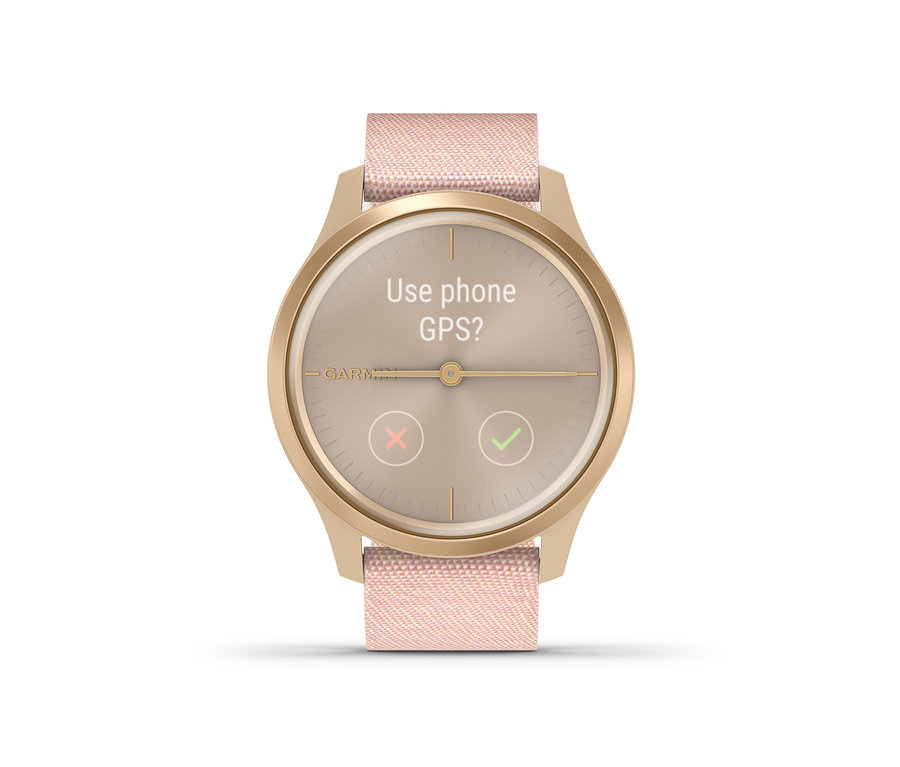 Gros plan sur la Montre de sport Garmin Smartwatch « vivomove » affichant la question « Use phone GPS ? »
