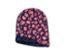 Bonnet réversible bleu marine avec motif animal rose et gris.