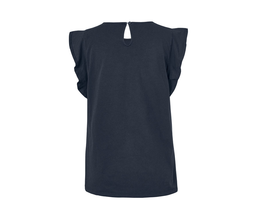Vue arrière d'un des 2 tops pour femmes EarthColors®. Le top bleu foncé a des manches courtes froncées.