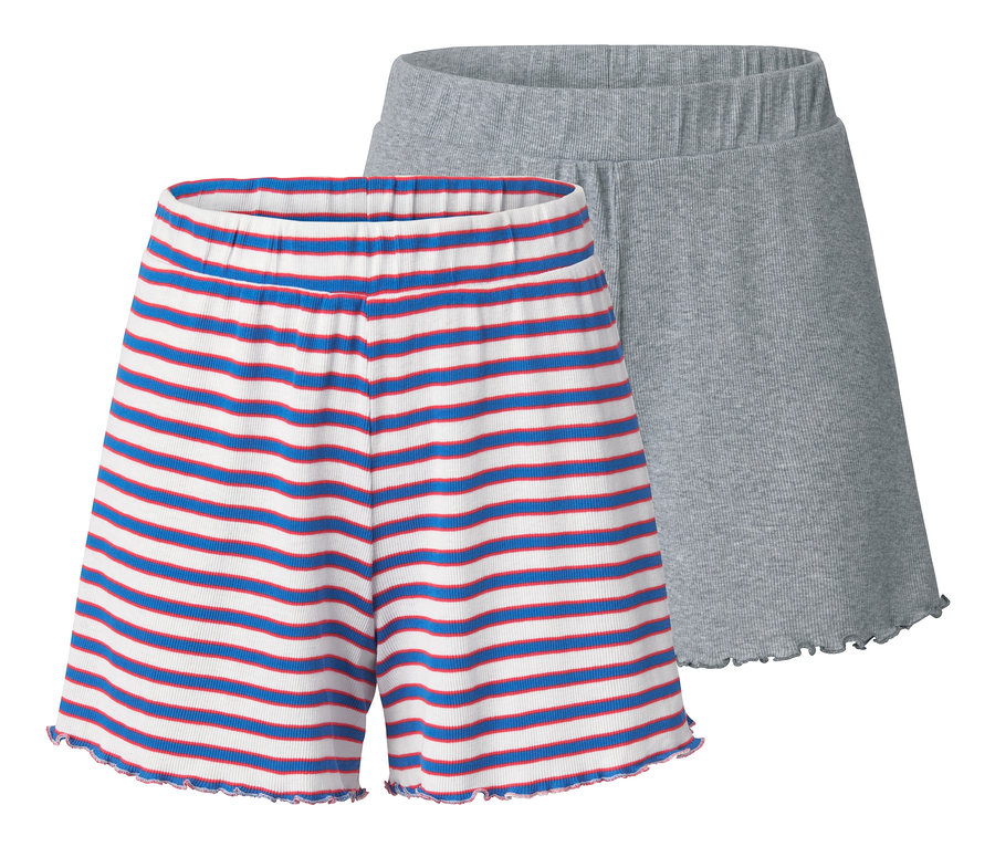 Deux shorts en matière côtelée : un rayé bleu-rouge-blanc, un gris.