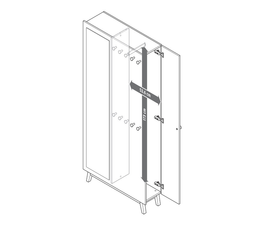 Schéma d'une armoire d'entrée multifonctionnelle avec portes ouvertes et dimensions de 53,6 cm et 173 cm.