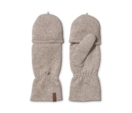 Deux moufles-mitaines en maille polaire beige sont posées côte à côte sur un fond blanc.