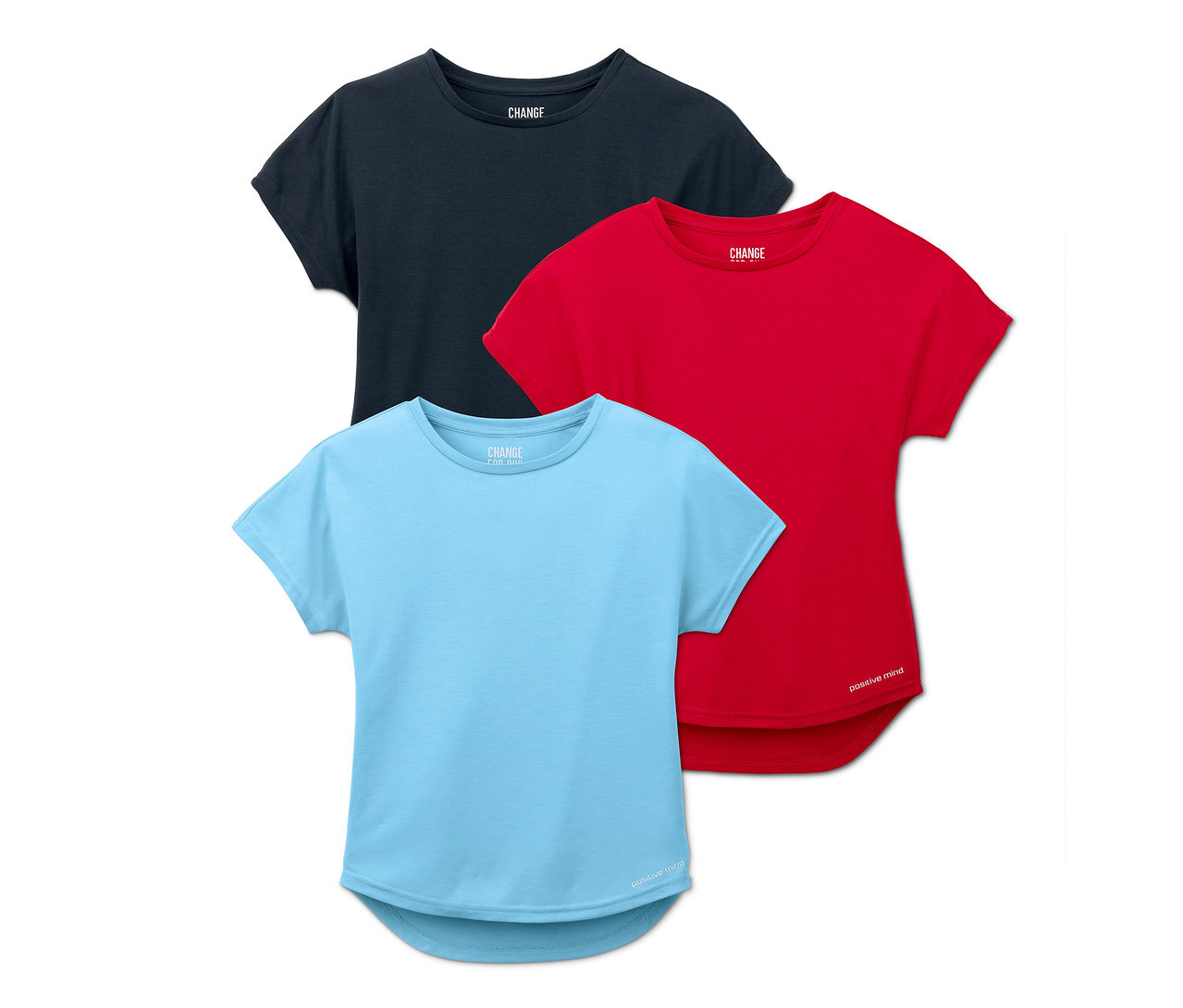 Trois t-shirts fonctionnels à manches courtes pour filles : bleu clair, rouge et bleu marine.