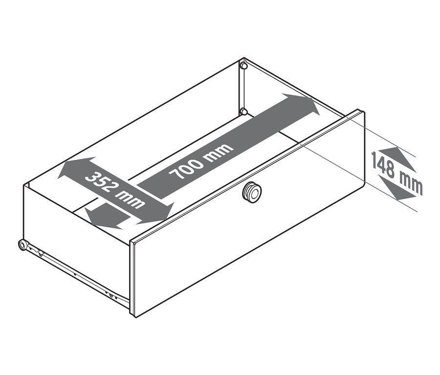 Un schéma du lot de tiroirs supplémentaires en métal « CN3 » indique les dimensions 700 mm, 352 mm et 148 mm.