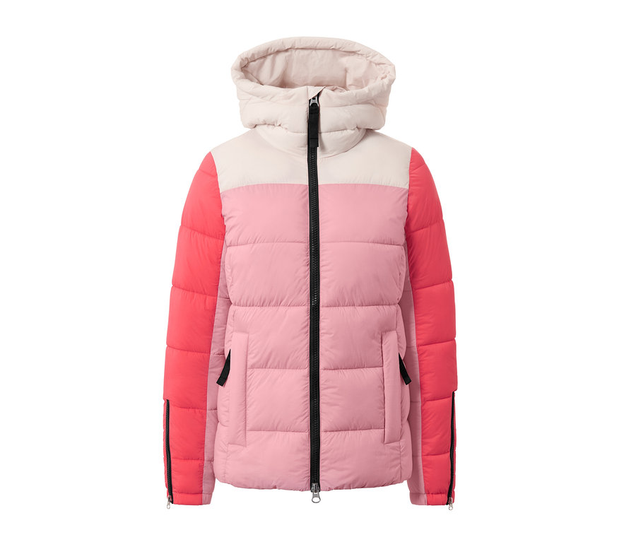 Veste de ski matelassée rose, corail et beige avec fermeture éclair noire.