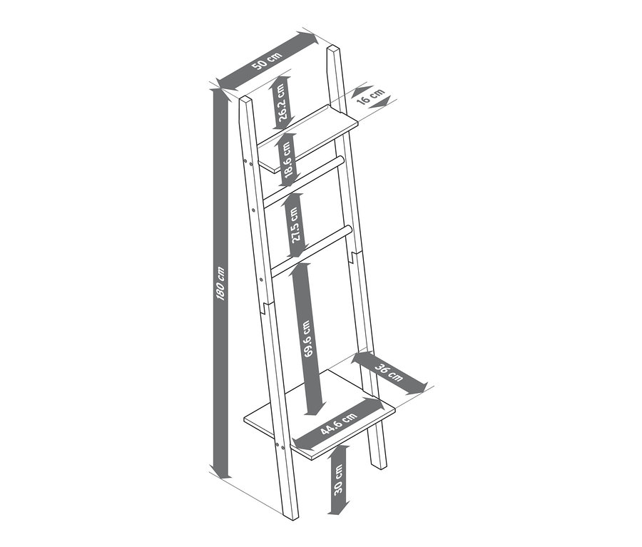Schéma d'une étagère échelle avec dimensions indiquées.