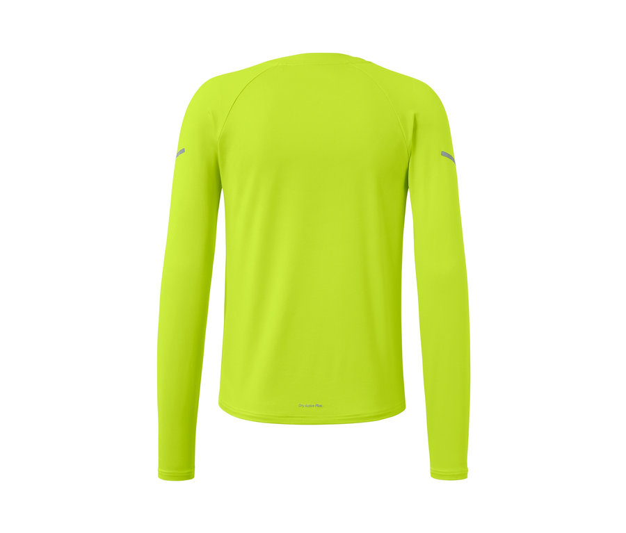 Vue détaillée de l'arrière d'un t-shirt technique à manches longues vert fluo.