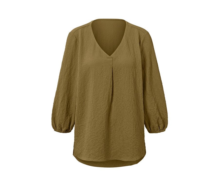 Un chemisier-tunique marron avec des manches longues et un col en V.
