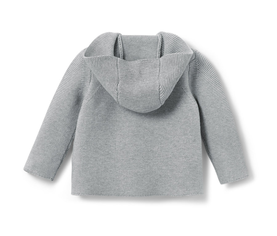Vue arrière d'une jaquette en maille pour bébé avec capuche et motif appliqué.