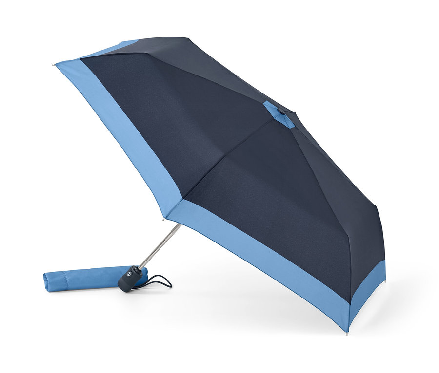 Parapluie de poche automatique ouvert avec son étui.