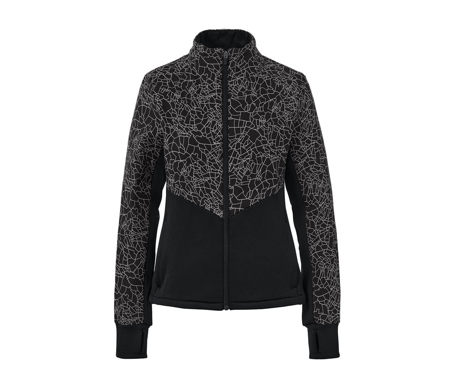 Veste thermique noire avec fermeture éclair et motif.