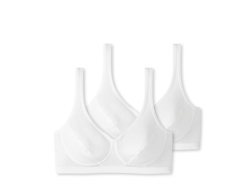Deux brassières blanches SCHIESSER à bonnets avec coton bio côte à côte.