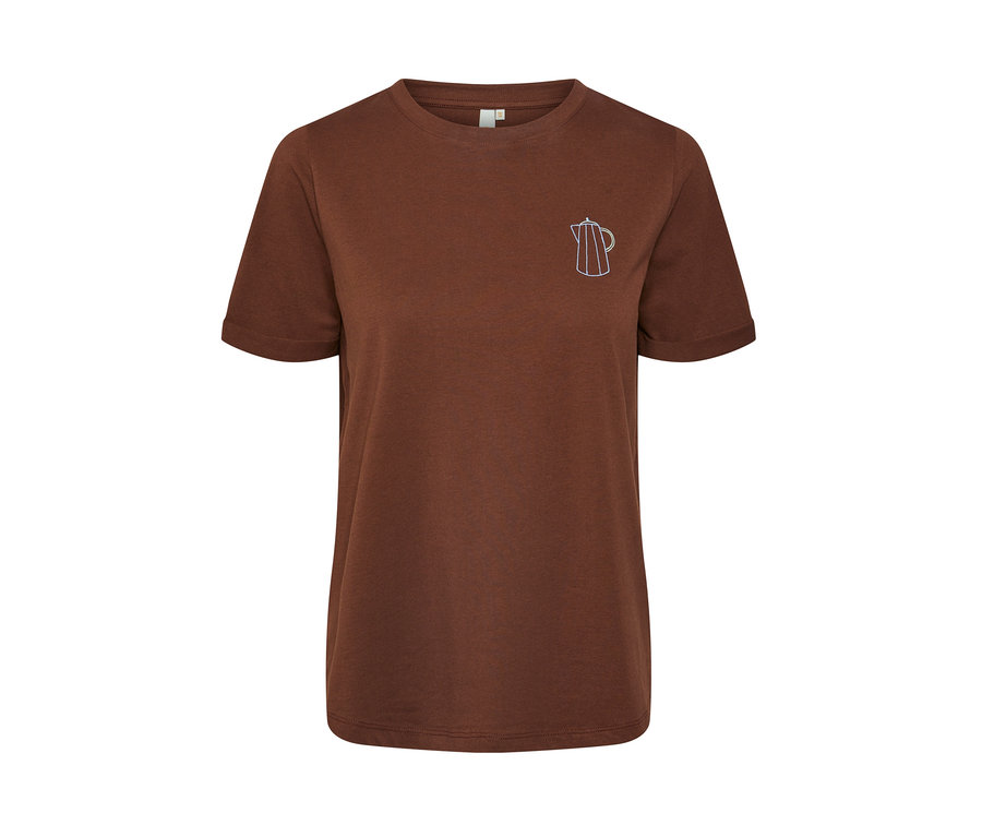 T-shirt marron avec broderie de cafetière moka.