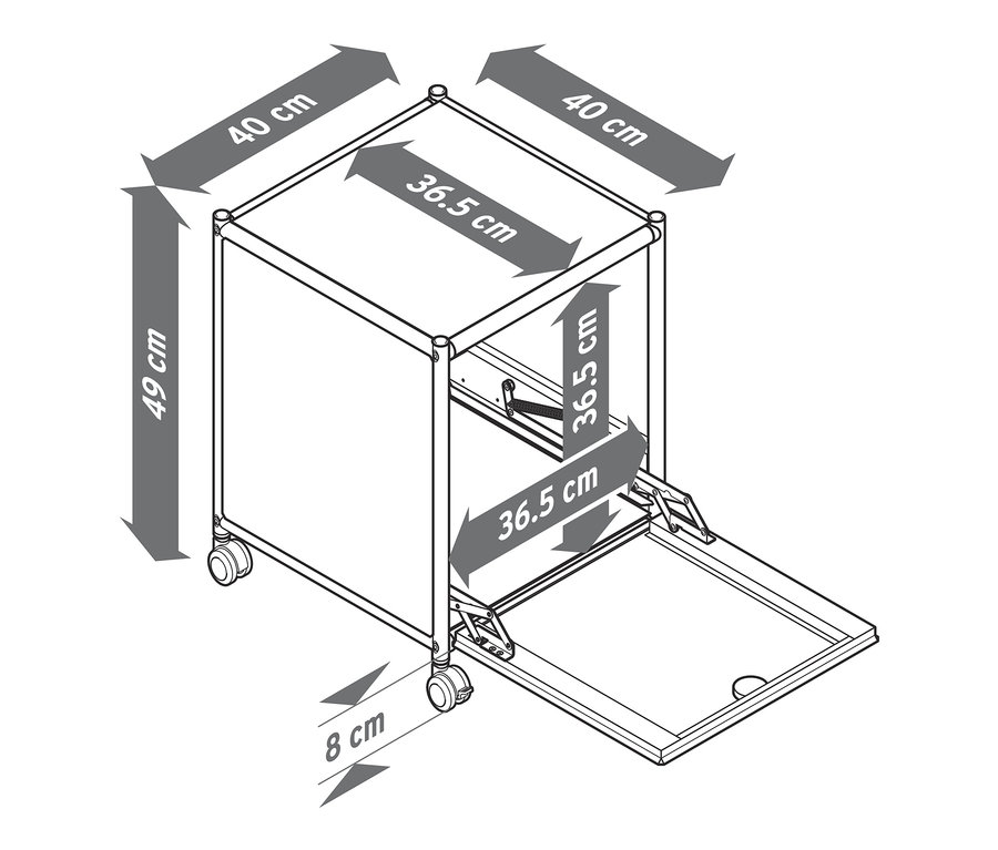 Dimensions de la table d'appoint avec tiroir en métal « CN3 » : 49 cm de hauteur, 40 cm de largeur, 36,5 cm de profondeur, 8 cm de hauteur des roulettes.
