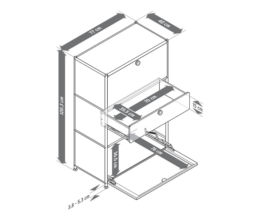 Illustration d'une commode en métal « CN3 » avec des compartiments et un tiroir ouverts et les dimensions correspondantes.