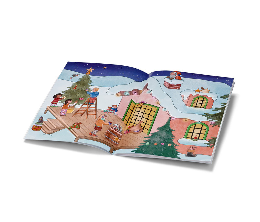 Illustration du livre d'autocollants «
							Noël
							» : Des enfants décorent un sapin de Noël et une maison, le Père Noël est assis sur la cheminée.