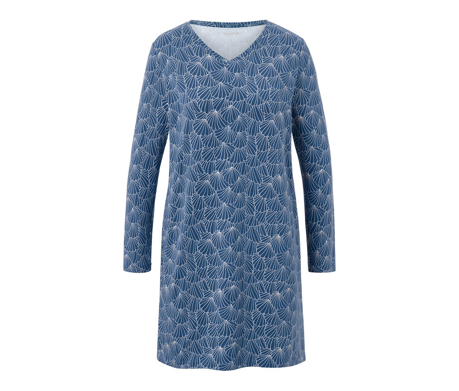 Chemise de nuit bleue à manches longues avec motif coquillage blanc.
