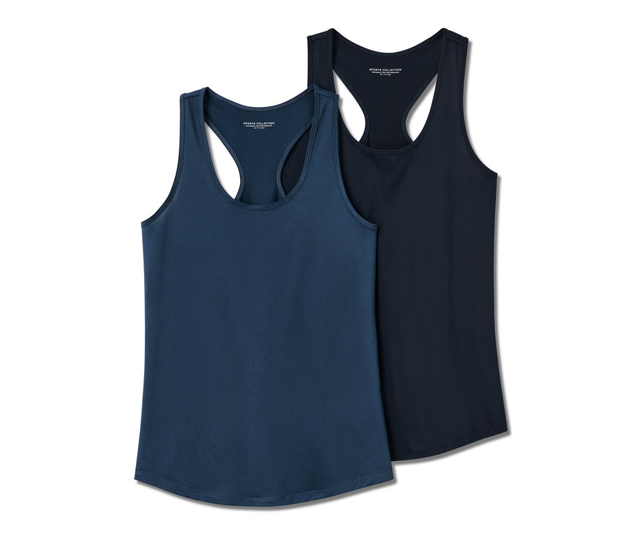 Deux tops de sport, un bleu et un bleu foncé.