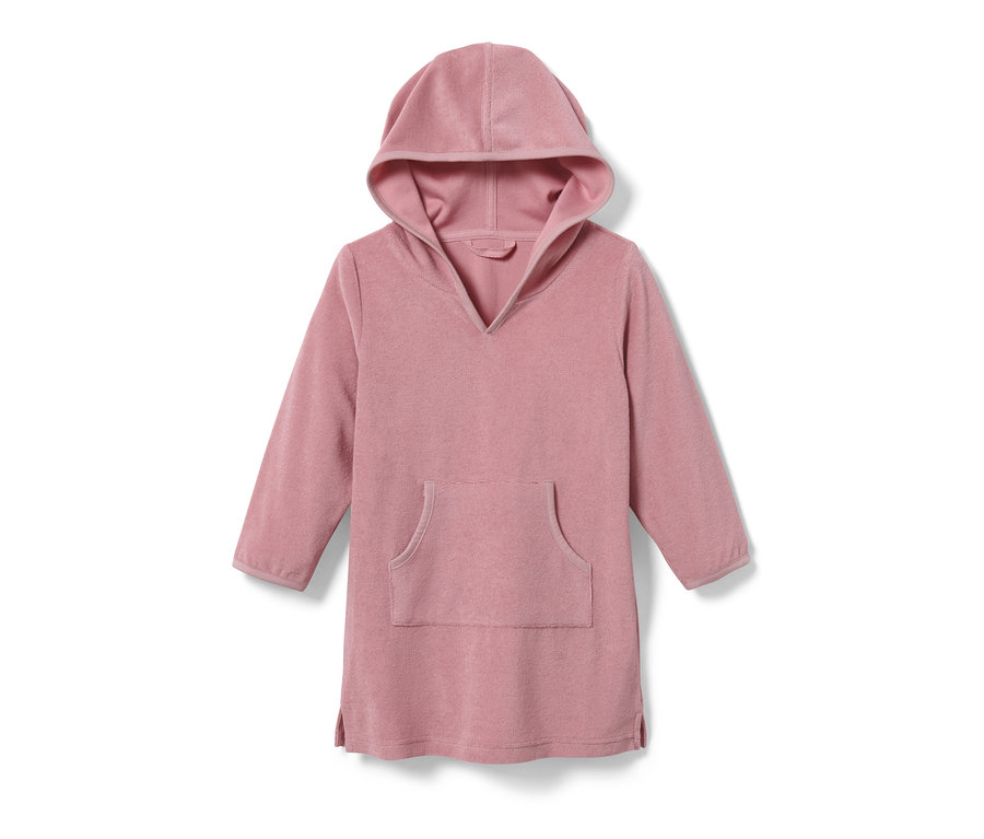Poncho rose en tissu éponge pour enfant avec capuche et poche sur fond blanc.