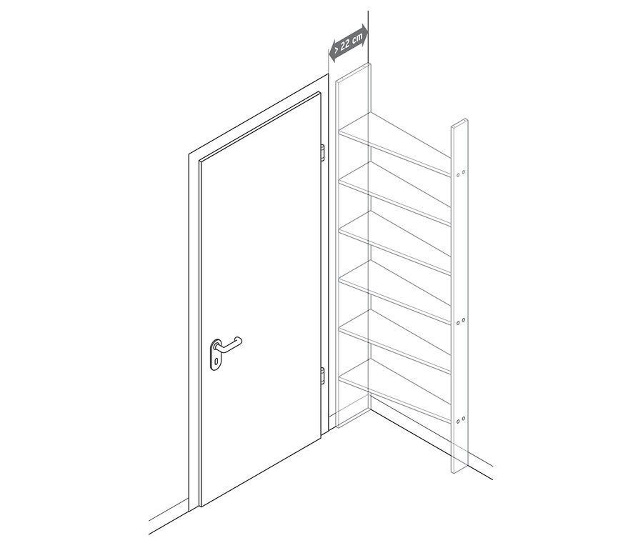 Un schéma d'une étagère de porte à côté d'une porte fermée.