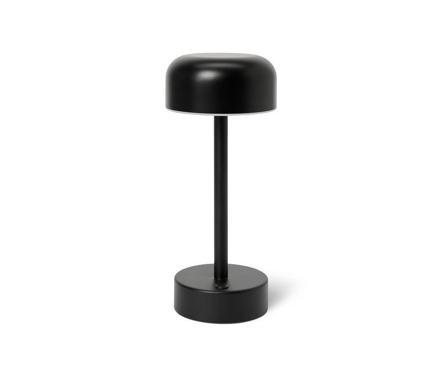 Une lampe de table à LED sans fil noire sur fond blanc.