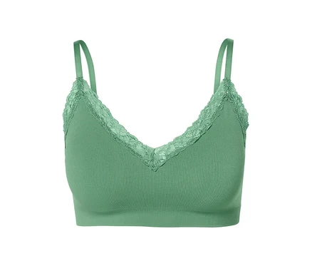 Brassière sans coutures verte avec bordure en dentelle.