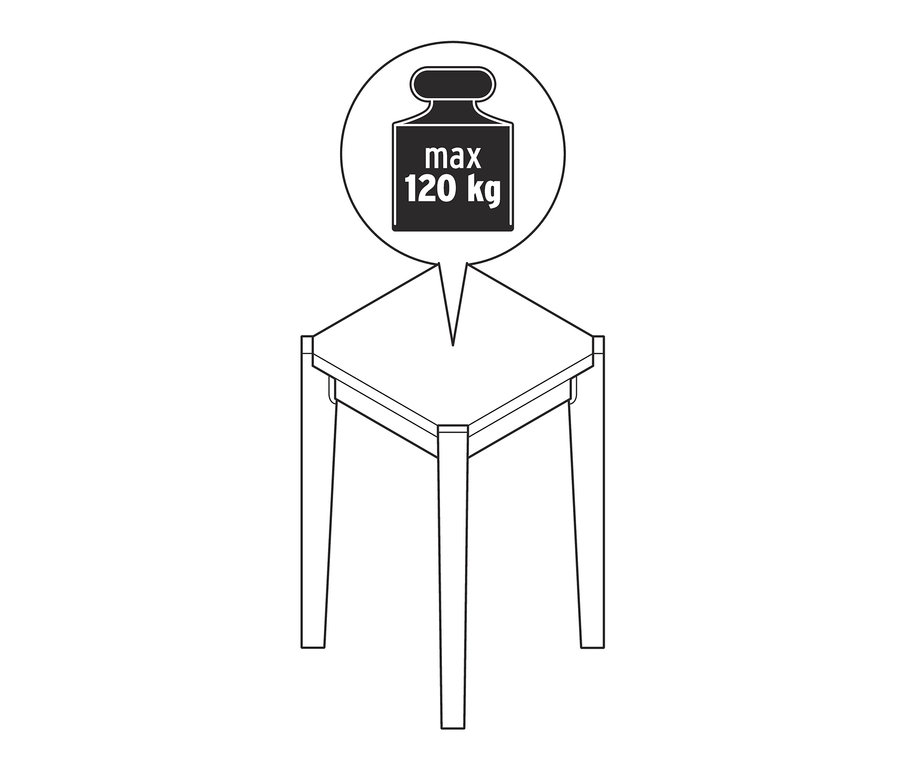 Schéma d'un tabouret en bois de frêne avec une capacité de charge maximale de 120 kg.
