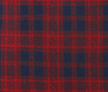 Gros plan du motif à carreaux du legging douillet en rouge et bleu marine.
