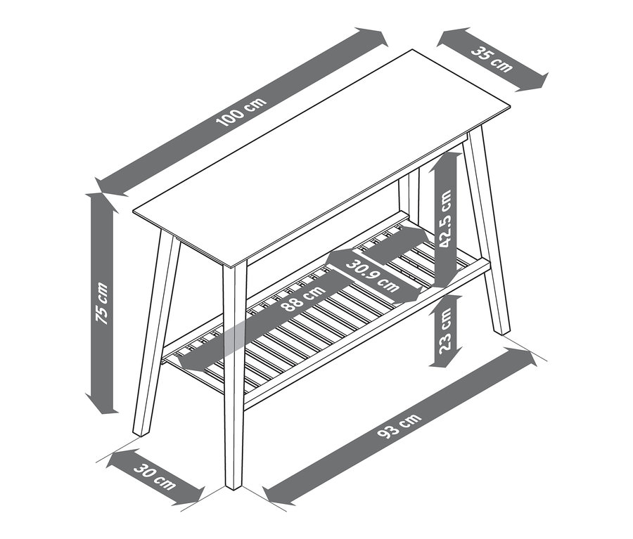 Dimensions de la console avec 2 étagères en frêne : 75 x 100 x 35 cm.