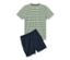 T-shirt rayé vert et bleu foncé et pyjama court bleu foncé.