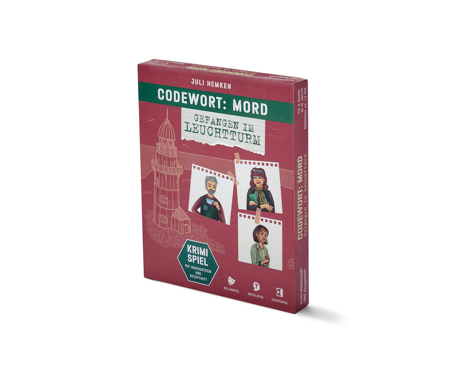 Boîte du jeu d’enquête « Codewort: Mord – gefangen im Leuchtturm » (Mot de passe : meurtre – enfermés dans le phare, en allemand) avec des illustrations.