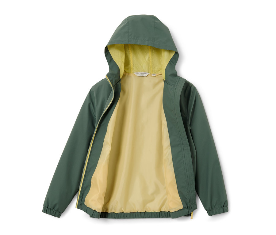 Veste fonctionnelle de sport verte pour enfant avec capuche et doublure jaune.