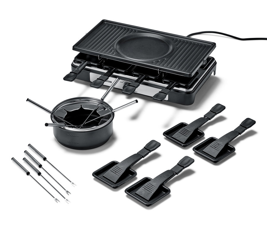 Gril à raclette et fondue 2 en 1 noir avec quatre spatules et quatre fourchettes sur fond blanc.