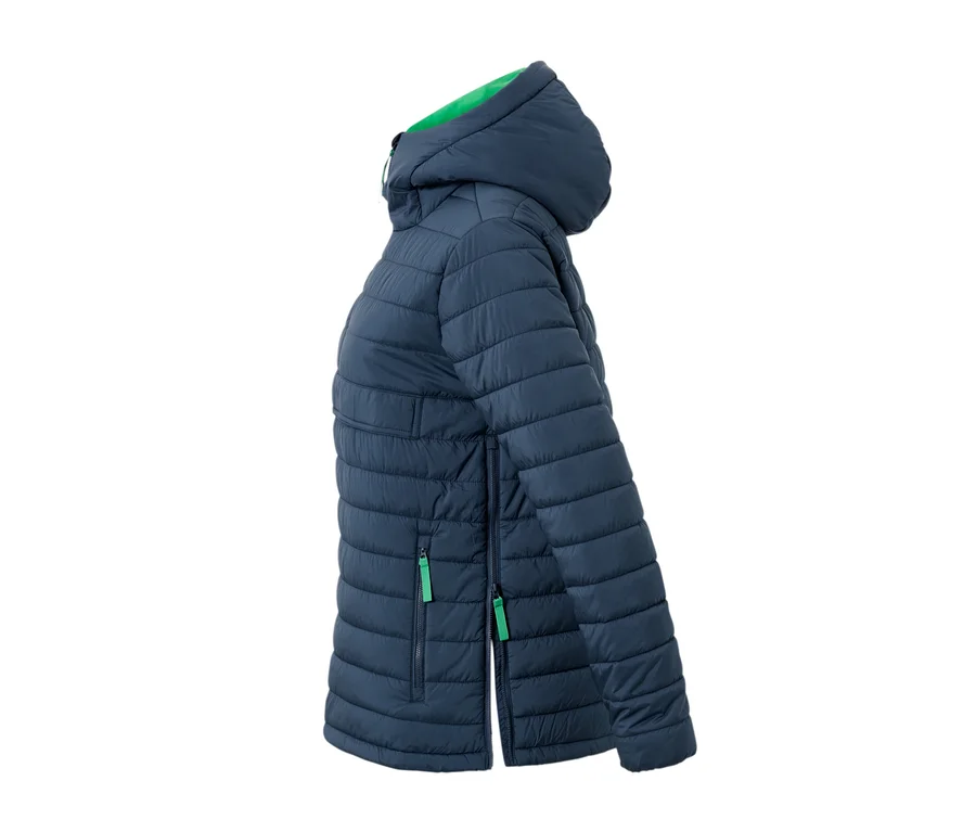 Vue latérale d'une veste matelassée à capuche bleu marine.