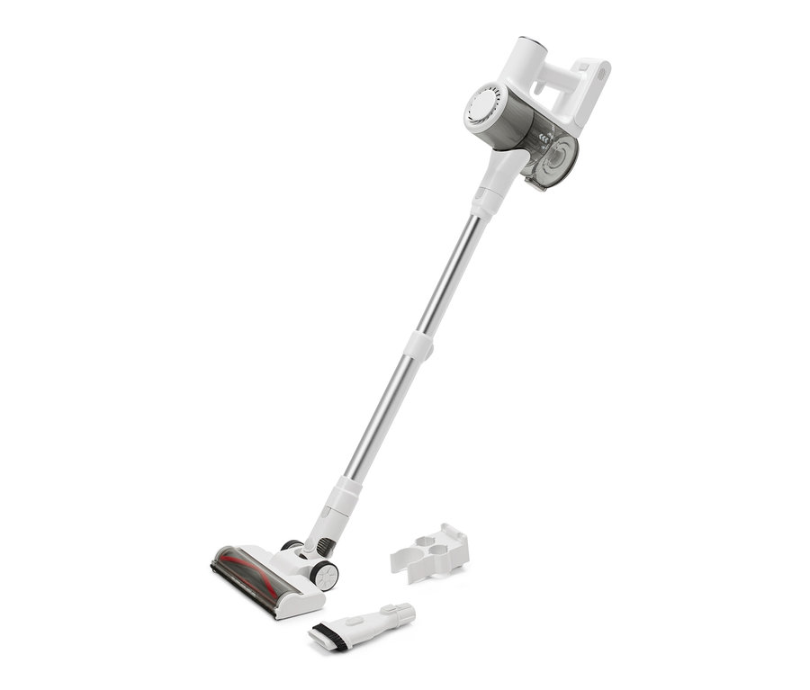 Un aspirateur sur batterie professionnel blanc avec des accessoires sur un fond blanc.