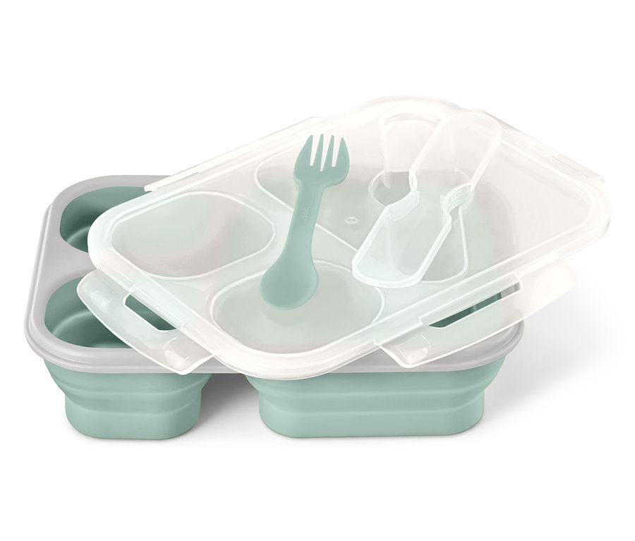 Boîte à déjeuner turquoise pliable avec couvercle transparent, fourchette et cuillère.