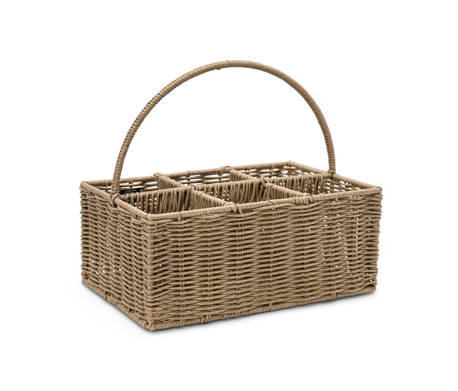 Un panier à bouteilles en osier avec six compartiments et une poignée arquée.