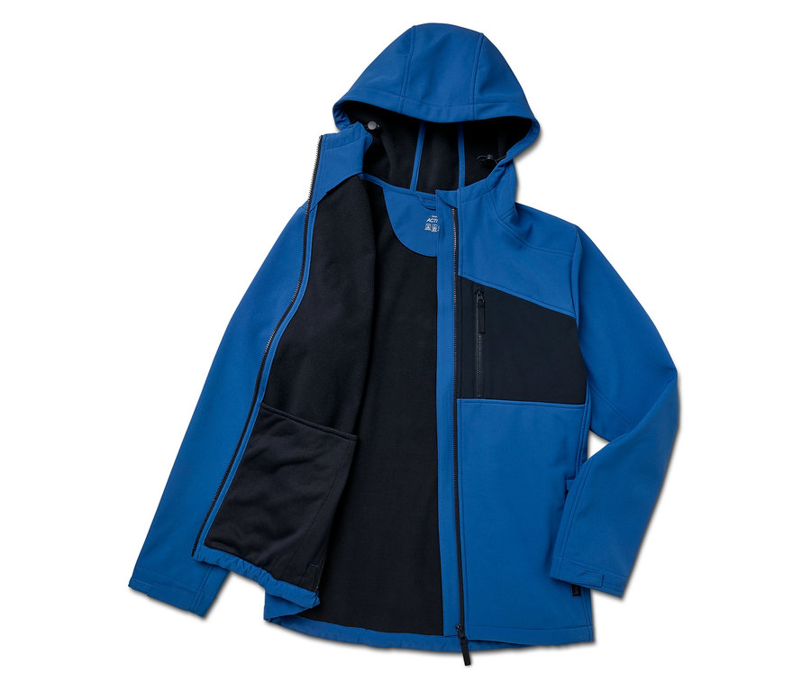 Veste softshell bleue avec capuche et détails noirs, ouverte, présentée sur un fond blanc.
