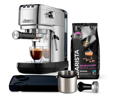 Machine à expresso Lapressa en acier inoxydable avec accessoires et un paquet de café Barista Espresso Dark.