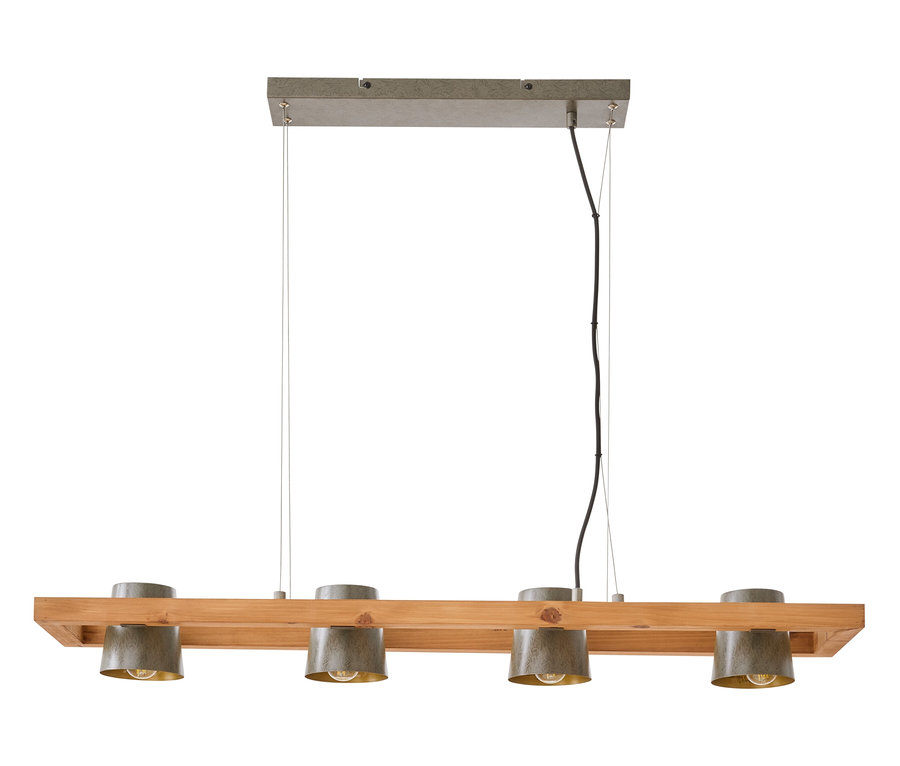 Plafonnier en bois avec quatre abat-jour en métal.