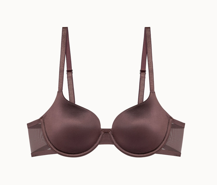 Soutien-gorge marron à armatures avec bretelles réglables sur fond blanc.