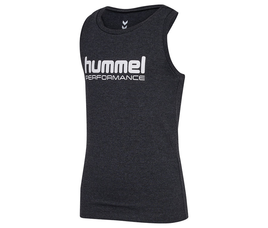 Top HUMMEL HMLJR gris foncé avec logo blanc sur la poitrine.