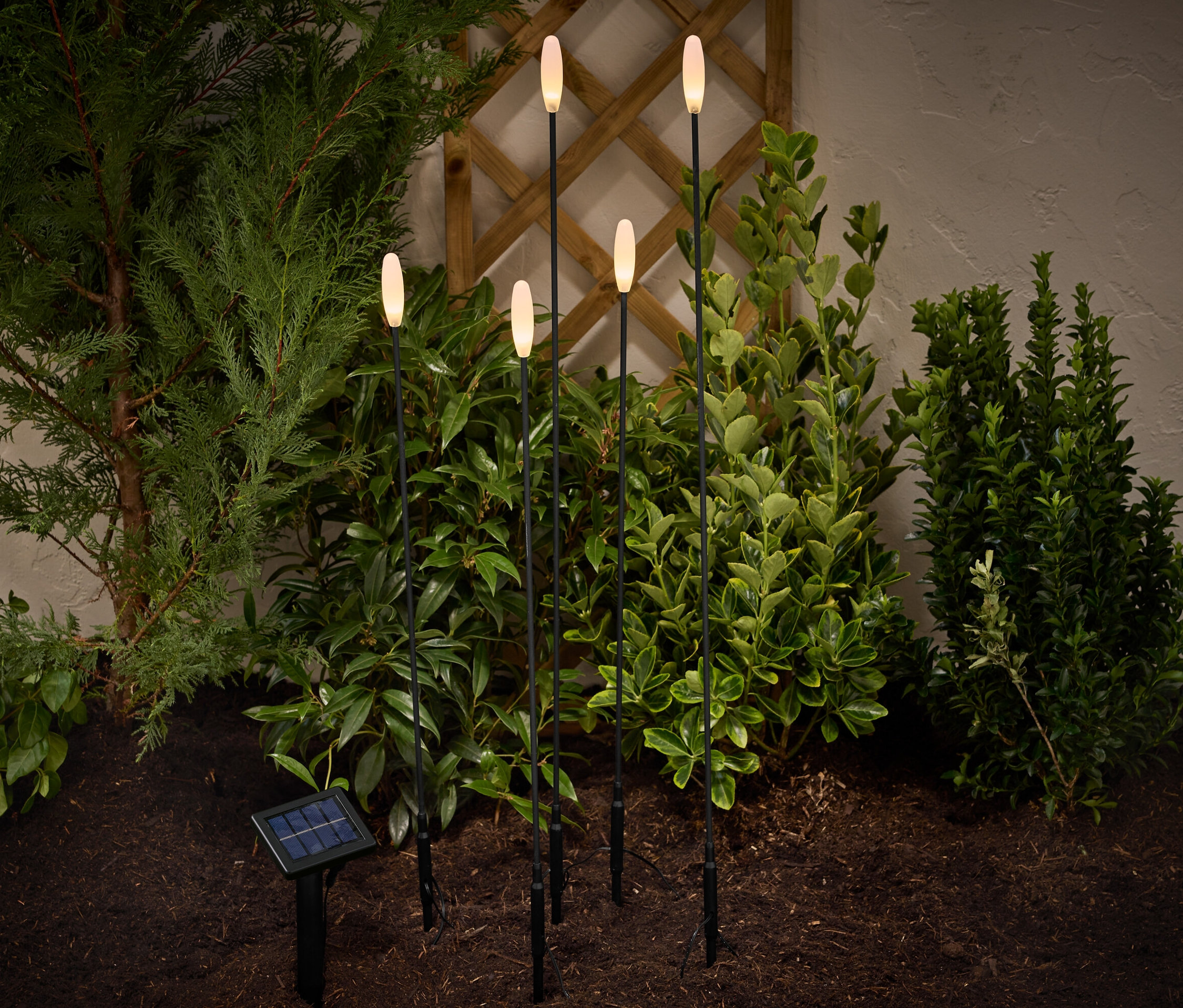 Dans le jardin, il y a 5 piquets à LED solaires.