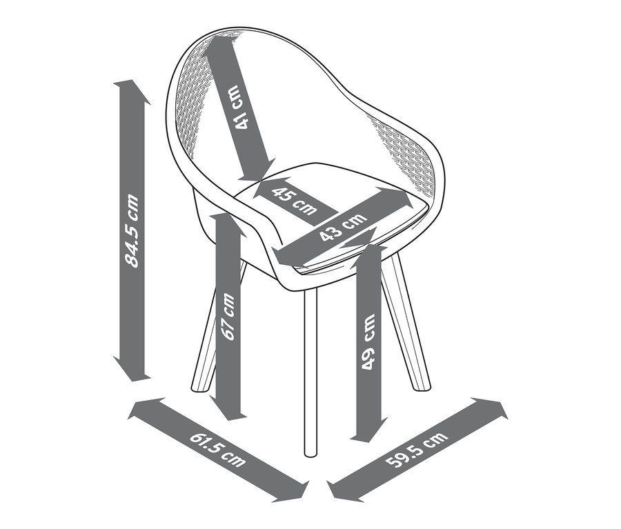 Dimensions d'une chaise à coque avec tressage en polyrotin.
