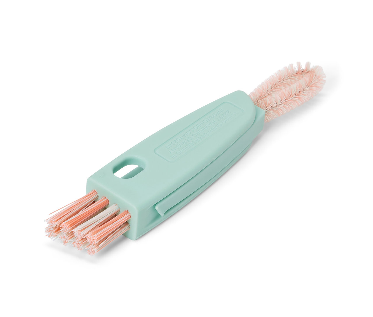 Gros plan d'une brosse de nettoyage 3 en 1 bleu clair.